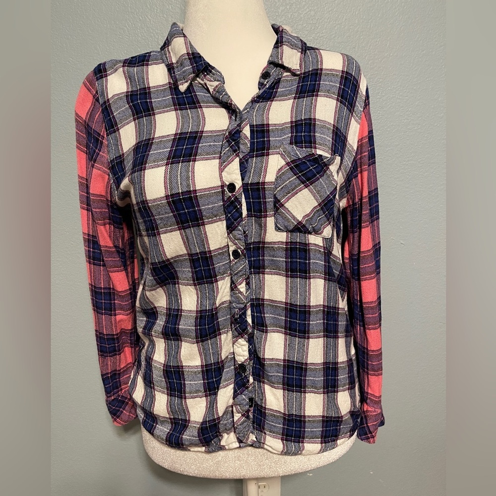 Rails Hunter Plaid Button Down Shirt Blue Pink Contrasting Sleeves Boho Large - Picture 2 of 9